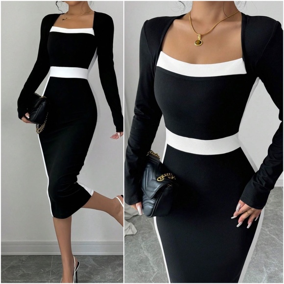 Luxe Color Block Fitted Bodycon Long Sleeve Dress - Picture 1 of 4